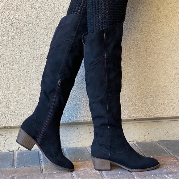 Black Western Style Over The Knee Low Heel Boots - Picture 7 of 12